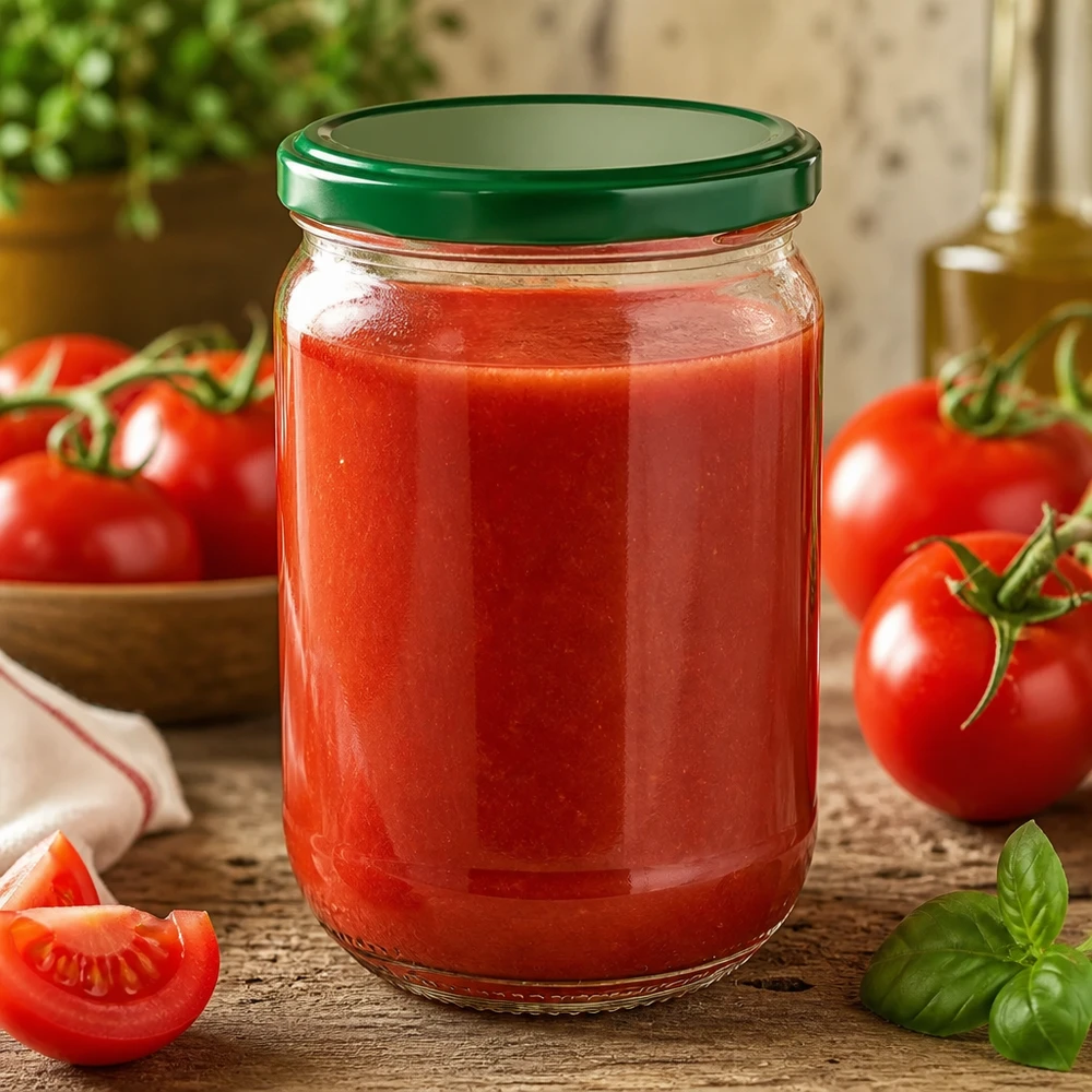 Hausgemachte Tomatenpassata in 555ml UNiTWIST Rundglas mit grünem BasicSeal Deckel und frischem Basilikum