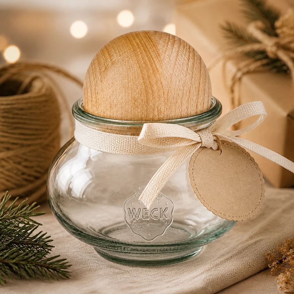 WECK Einmachglas 560ml RR80 Holzkugel Buche Geschenkverpackung Schleife Weihnachtsdeko festliche Präsentation