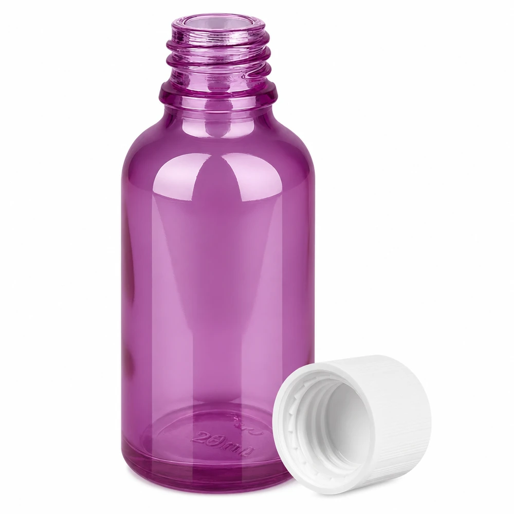 30ml Flasche 11mm Schraubverschluss weiß Standard Kindersicher PurpleLine UT18/30 Kleine violette Glasflasche 30ml mit weißem Deckel - perfekt für DIY Kosmetik und Mixturen