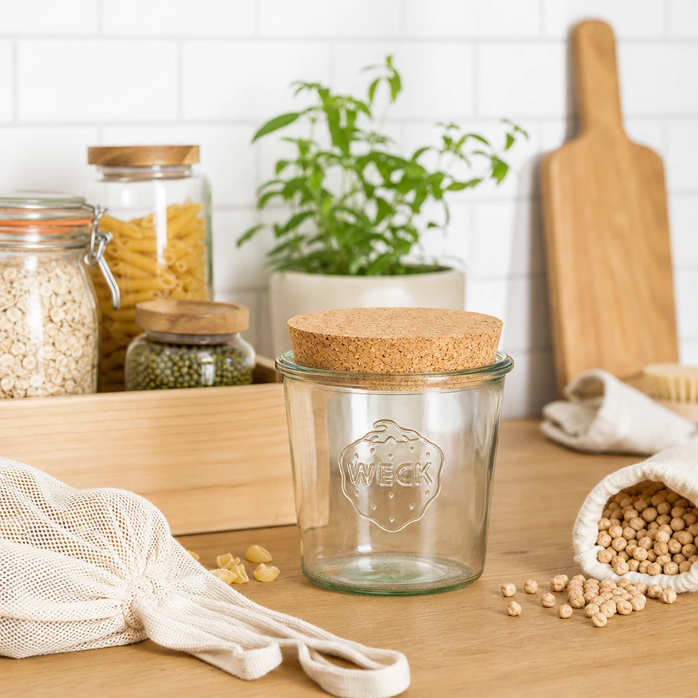 WECK Vorratsglas 580ml RR100 mit Korkdeckel in nachhaltiger Zero-Waste Küche mit Stoffbeuteln und Hülsenfrüchten