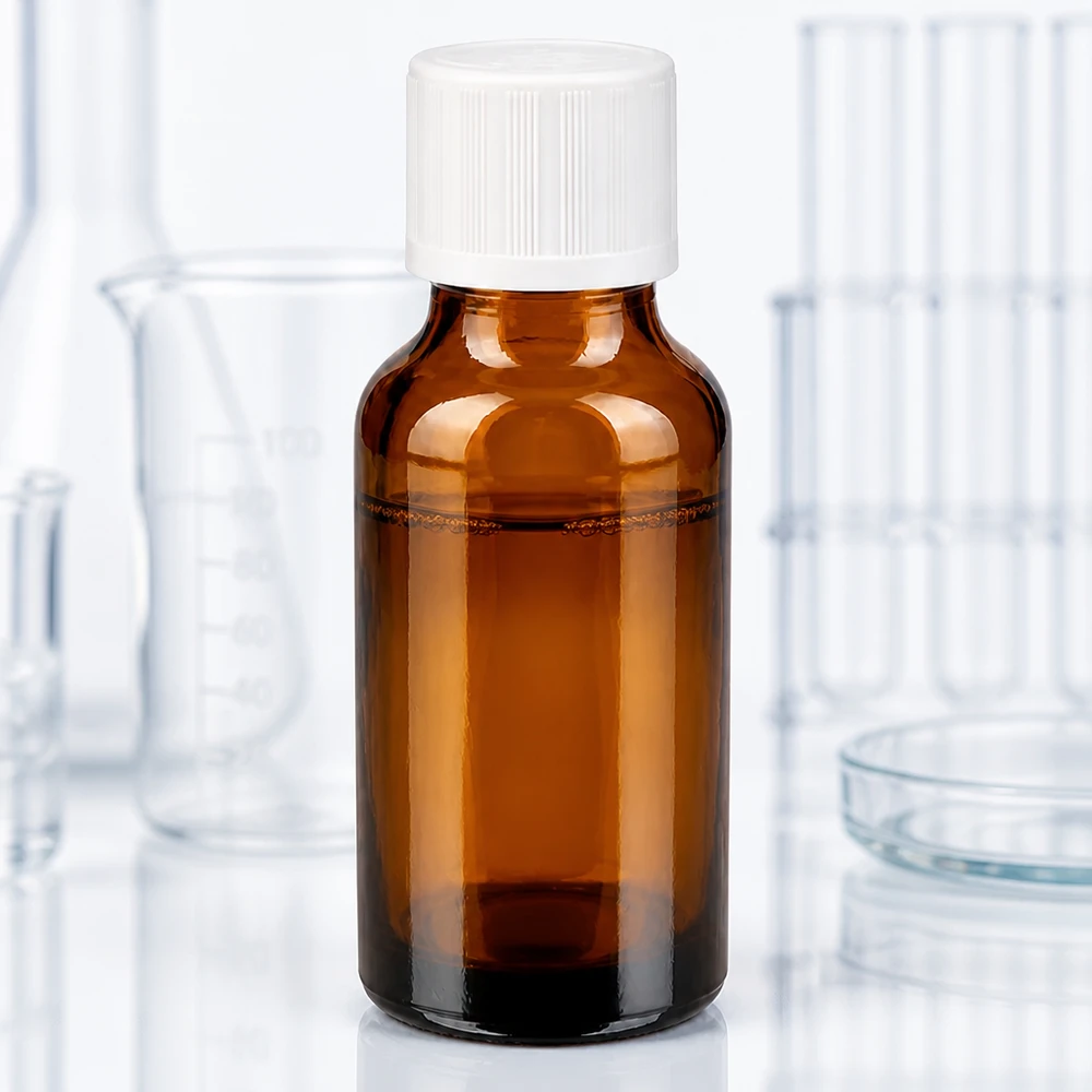 Apothekenflasche braun 20ml Tropfverschluss weiß Kindersicherung Standard Kleine 20ml Apotheker-Braunglasflasche mit 1,2mm Tropfeinsatz im wissenschaftlichen Labor-Setting