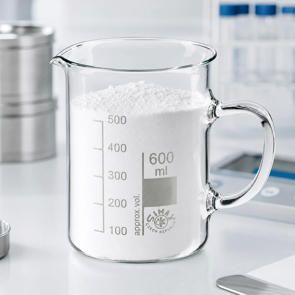 Becherglas 600ml Borosilikatglas, mit Henkel Becherglas 600ml aus transparentem Borosilikatglas mit weißem Pulver im Laborumfeld