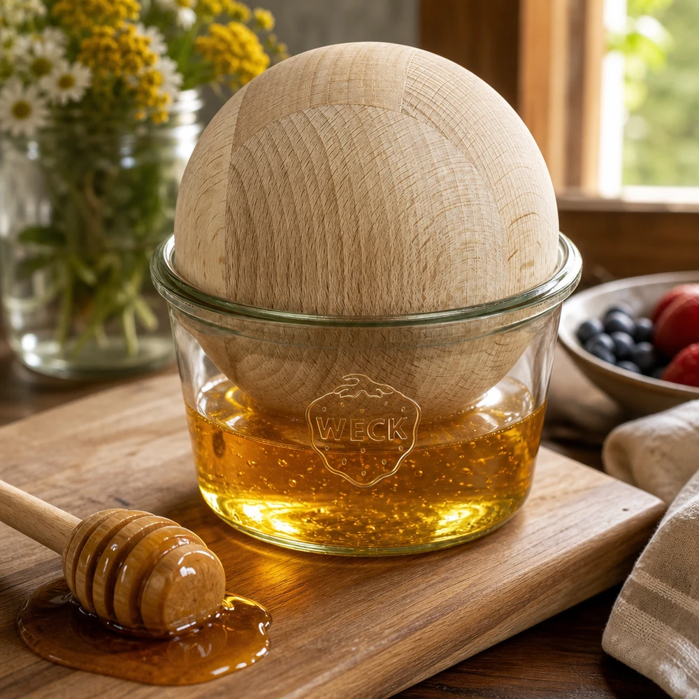 WECK Sturzglas 370ml als Honigspender mit Buchenkugel auf Holzbrett neben Honiglöffel natürliche Küchendeko