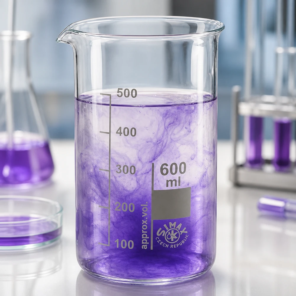 Becherglas 600ml Borosilikatglas, hohe Form Chemieglas 600ml hohe Form mit lila Flüssigkeit neben Erlenmeyerkolben und Reagenzgläsern