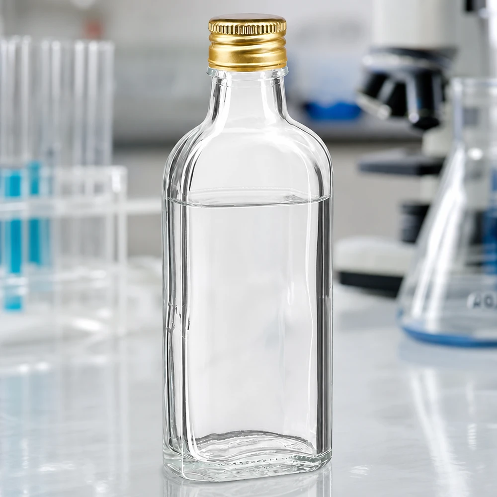 Flache rechteckige Glasflasche 100ml klar mit Golddeckel PP22 neben Mikroskop und Reagenzgläsern