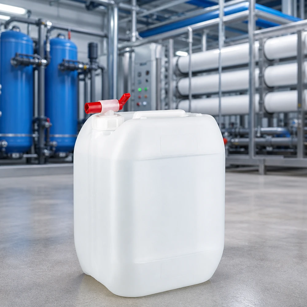 Kanister 10 Liter mit Auslaufhahn Lebensmittelechter Kunststoffkanister 10L mit Zapfhahn in moderner Produktionshalle