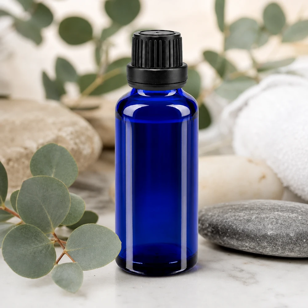 Apothekenflasche blau 30ml Tropfverschluss Giessring 2mm schwarz Originalitätsverschluss 30ml Flasche aus UV-schützendem Blauglas mit 2mm Tropfeinsatz und schwarzem Schraubverschluss