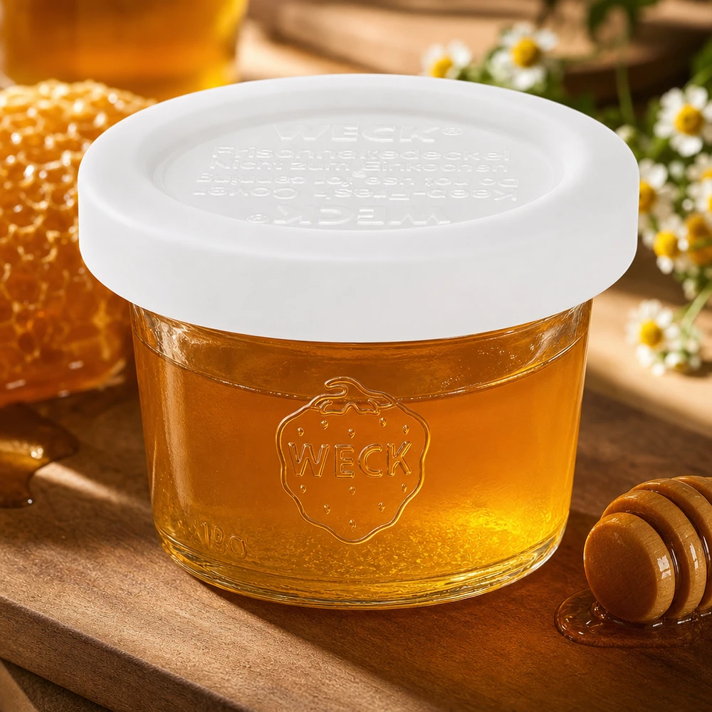 WECK Sturzglas 35ml RR40 mit Honig in natürlicher Umgebung mit Bienenwabe und Kamille, authentische Produktpräsentation