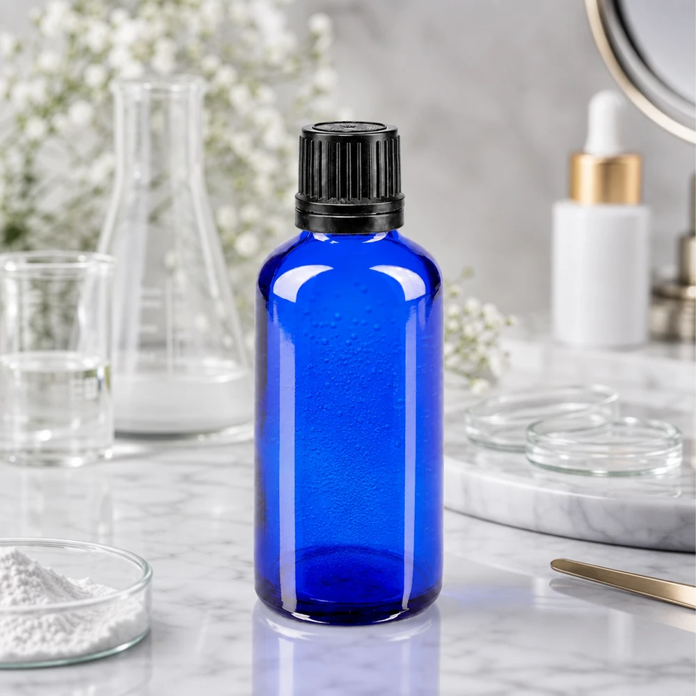 Apothekenflasche blau 50ml Schraubverschluss schwarz Giessring Originalitätsverschluss Kobaltblaues 50ml GR-Flakon mit 8mm OV-Verschluss auf Marmor neben Erlenmeyerkolben