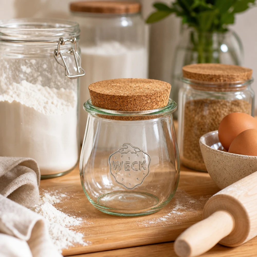 WECK Tulpenglas 220ml RR60 mit Korkdeckel in rustikaler Küche mit Backzutaten Mehl und Eiern auf Holzbrett