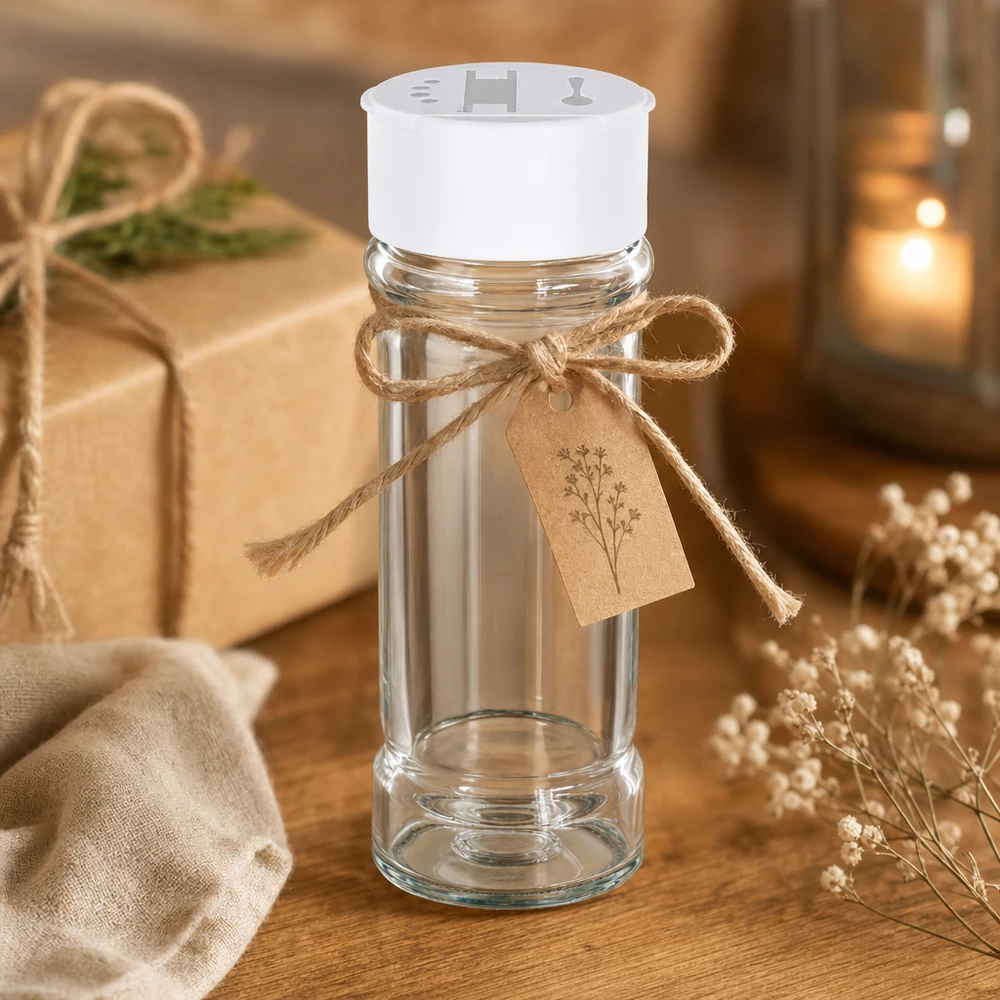 Salz-/Gewürzglas 100ml mit Doppelstreuer weiss Zylindrisches Klarglas 100ml mit weißem Streuerdeckel auf Holztisch mit Trockenblumen und Geschenkbox