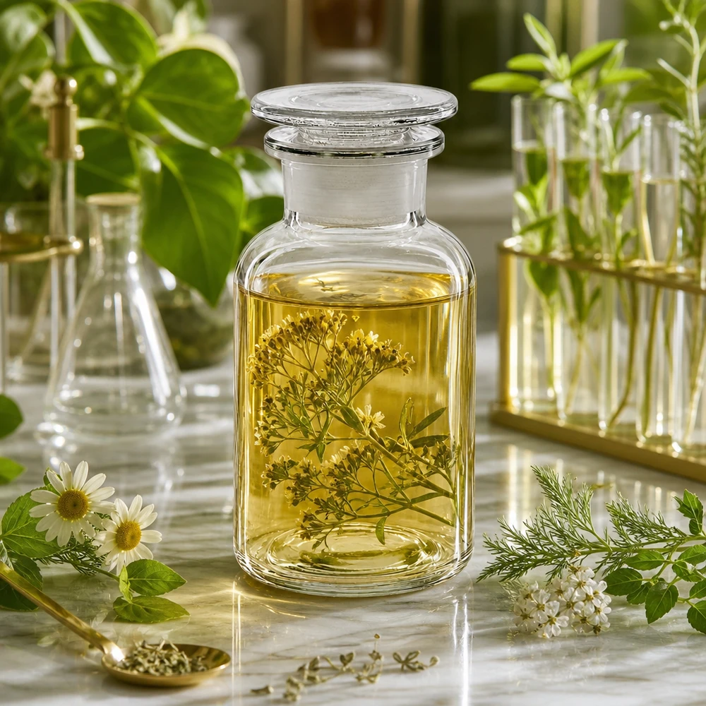 Zylindrische Vorratsflasche 250ml aus Klarglas mit Kräutertinktur im Naturlabor