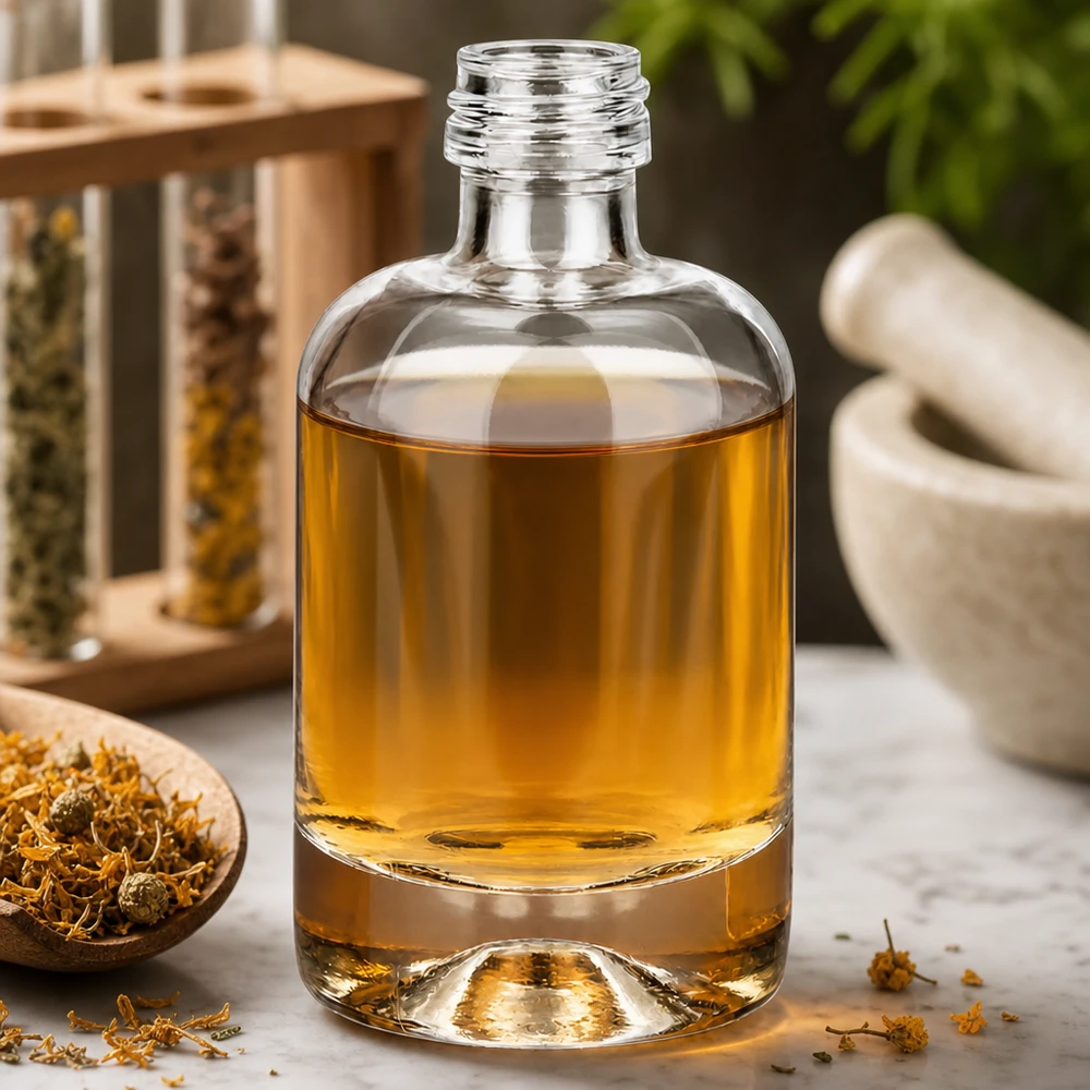40ml Glasflasche Sara mit goldgelber Flüssigkeit in natürlicher Kräuter-Ambiente mit Mörser und getrockneten Blüten