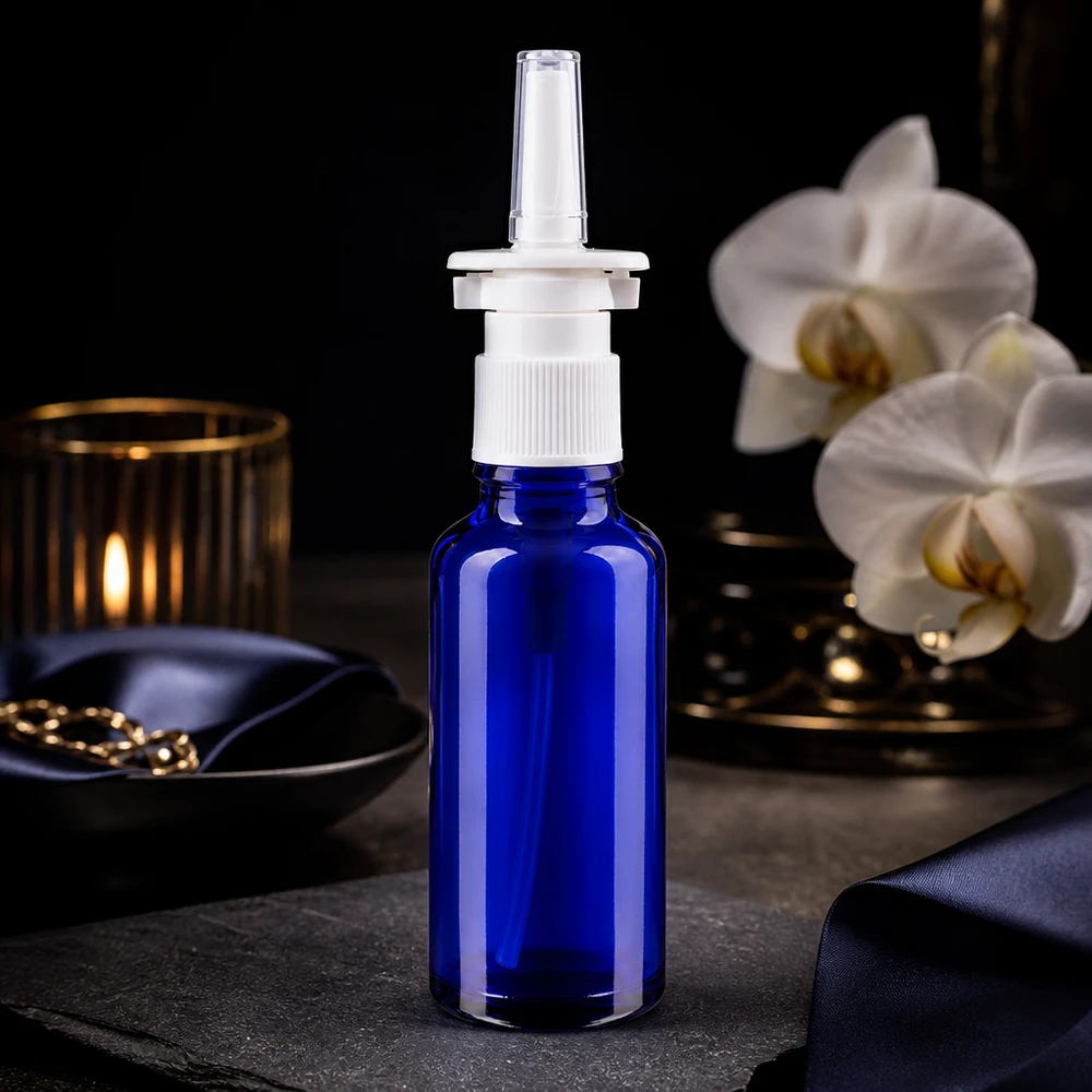 Kompakte Nasensprayflasche 30ml in Kobaltblau mit transparenter Nasenspitze aus Apothekerglas