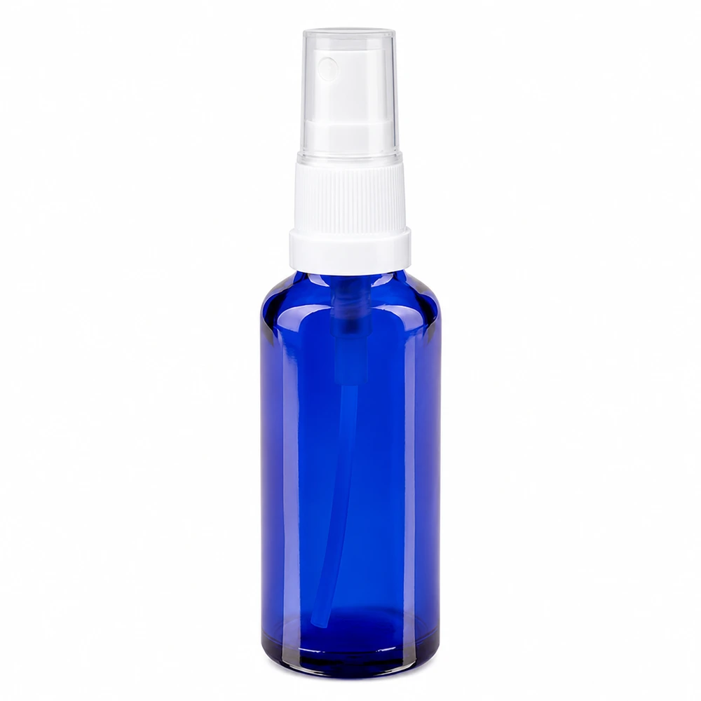 Apothekenflasche blau 30ml Sprayaufsatz weiß Kleine blaue Glasflasche 30ml mit weißem Sprühaufsatz für Kosmetik und Pharmazeutika