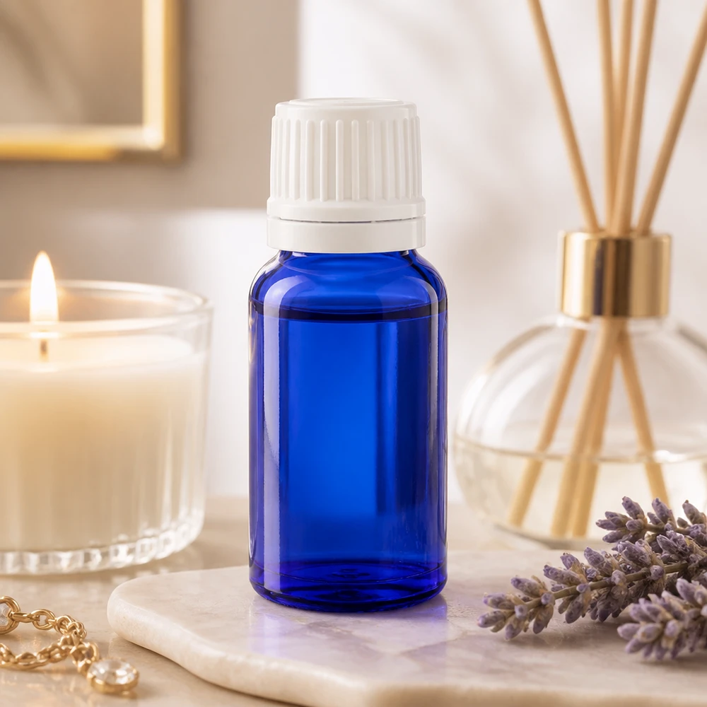 Apothekenflasche blau 10ml Schraubverschluss weiß Originalitätsverschluss Lichtschutzflasche 10ml in Blau mit weißem 11mm Schraubverschluss für Ätherische Öle