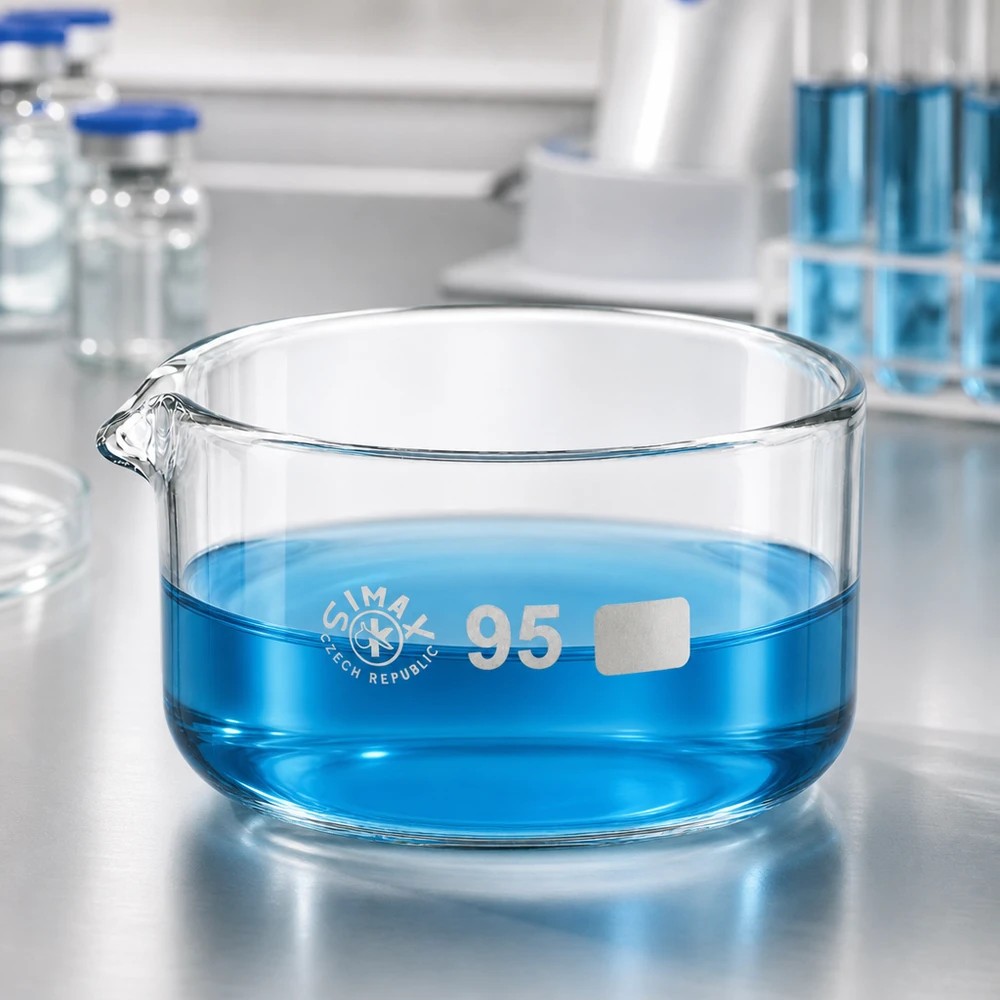 Kristallisierschale 300ml gefüllt mit blauer Lösung Glasschale ø95mm Laborbedarf tschechisch
