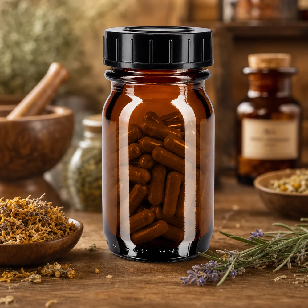 Kompakte Weithalsflasche 30ml aus lichtschuetzendem braunem Glas mit festem Verschluss