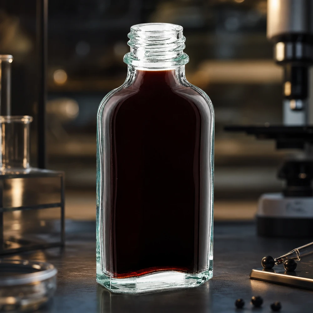 Gefüllte Glasflasche 50 ml Meplatform mit tiefbraunem Extrakt im Laborumfeld