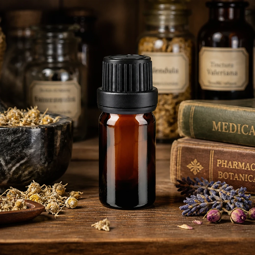 Kleine braune 5ml Flasche mit SV OV schwarz 11mm umgeben von Lavendel und Trockenblumen