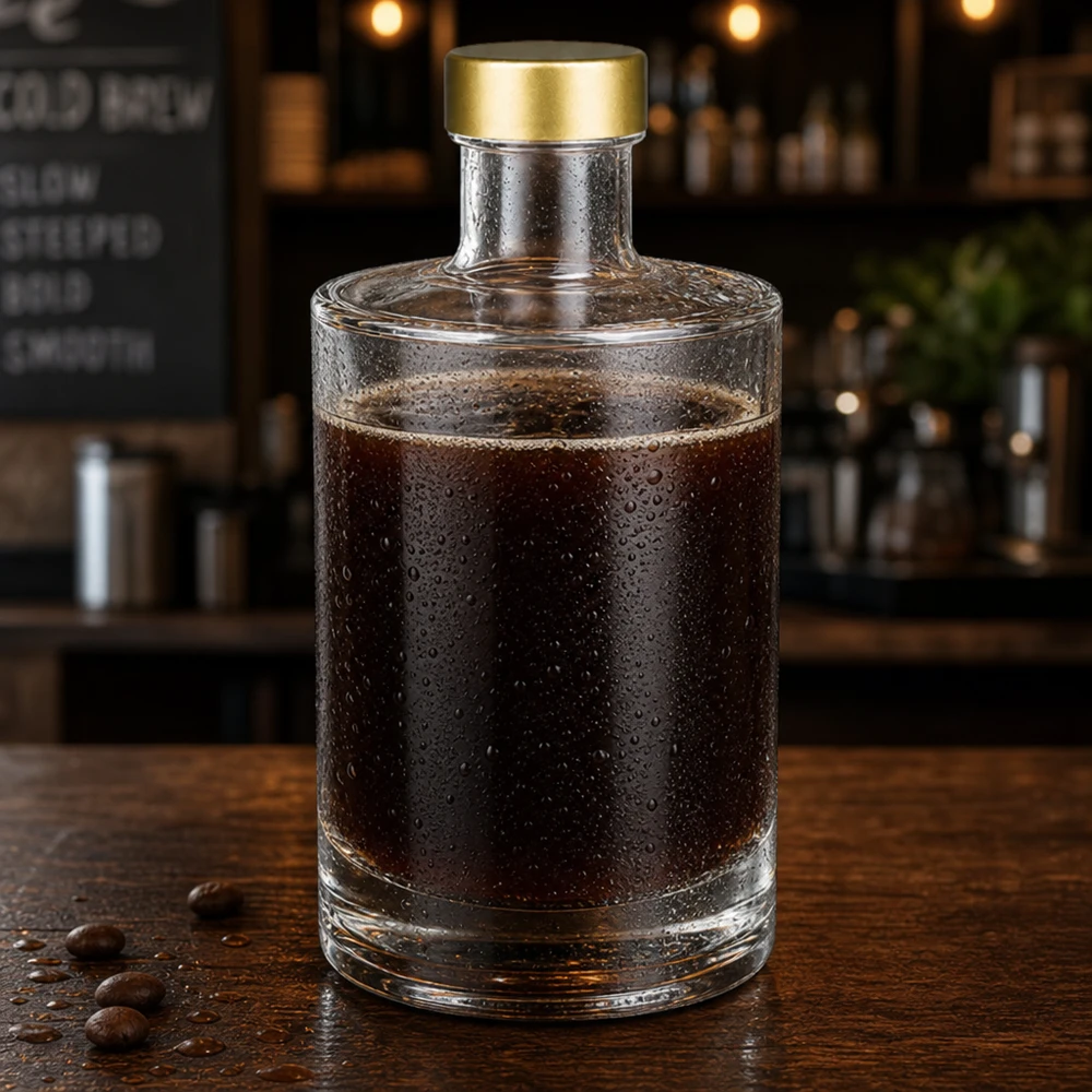 375ml Glasflasche "Sam" + Schraubverschluss gold UNiTWIST 375ml Glasflasche Sam gefüllt mit Cold Brew Kaffee goldener Schraubverschluss UNiTWIST Café Ambiente Kaffeebohnen