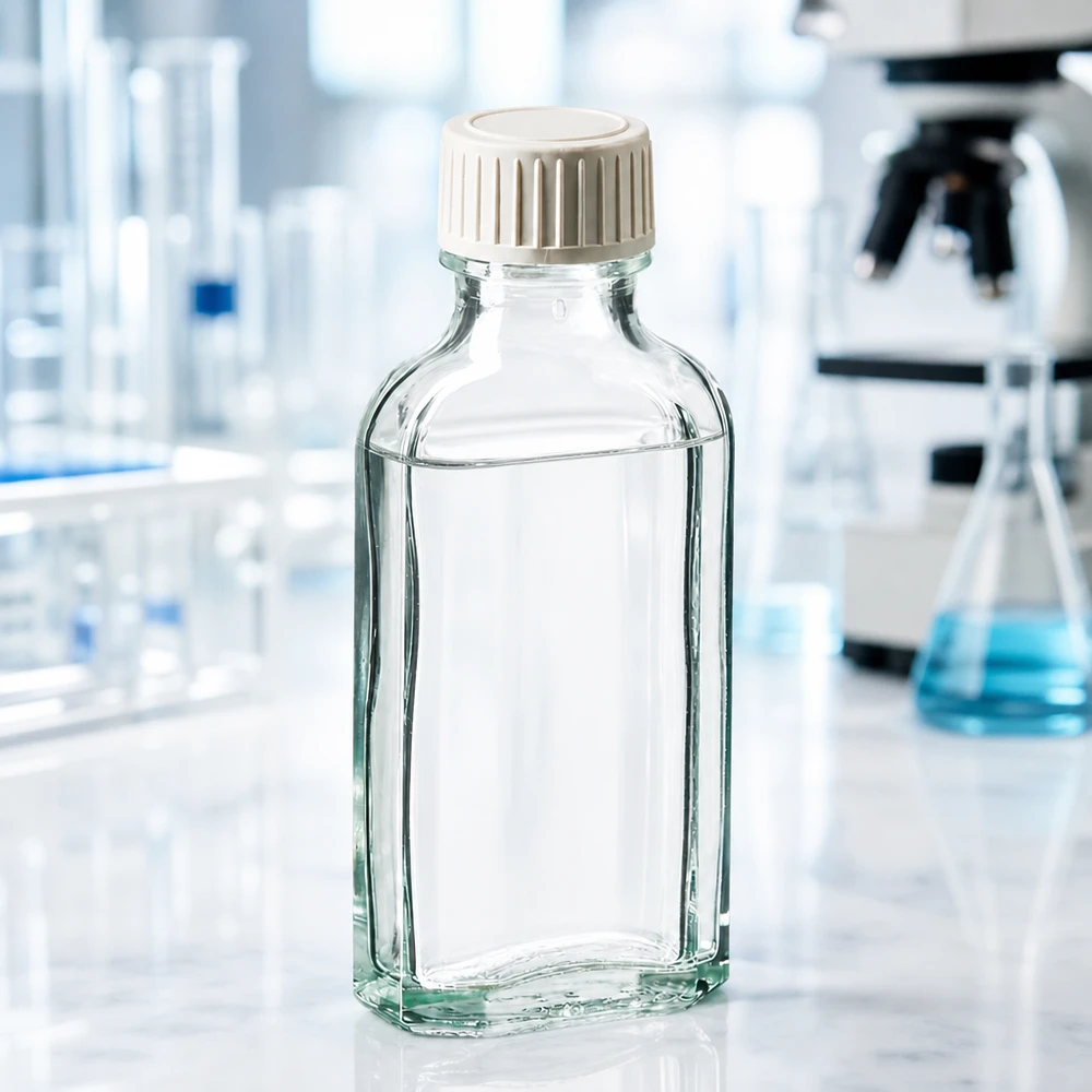 Transparente Glasflasche 50ml flache Meplat Form mit PE-Schaumeinlage Verschluss