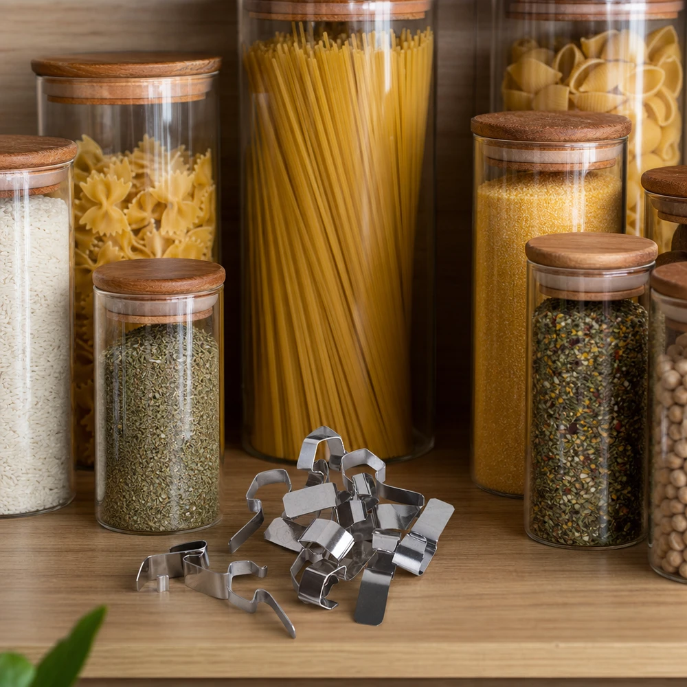 Einkochklammer Einkochklammern aus Edelstahl auf Holztisch neben Vorratsgläsern mit Pasta Gewürzen und Küchenutensilien