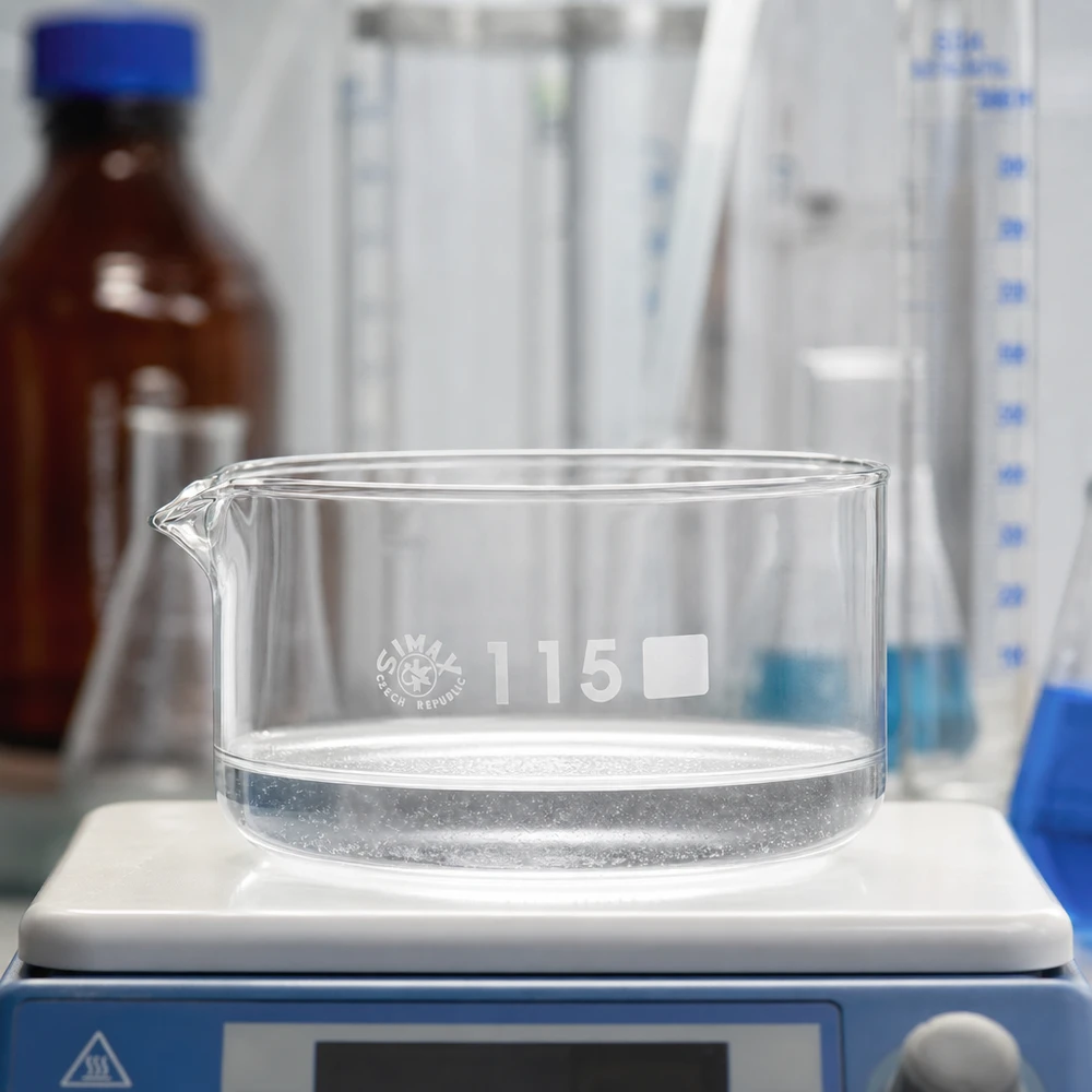 SIMAX Kristallisierschale Czech Republic 500ml transparent mit Ausguss auf Laborwaage