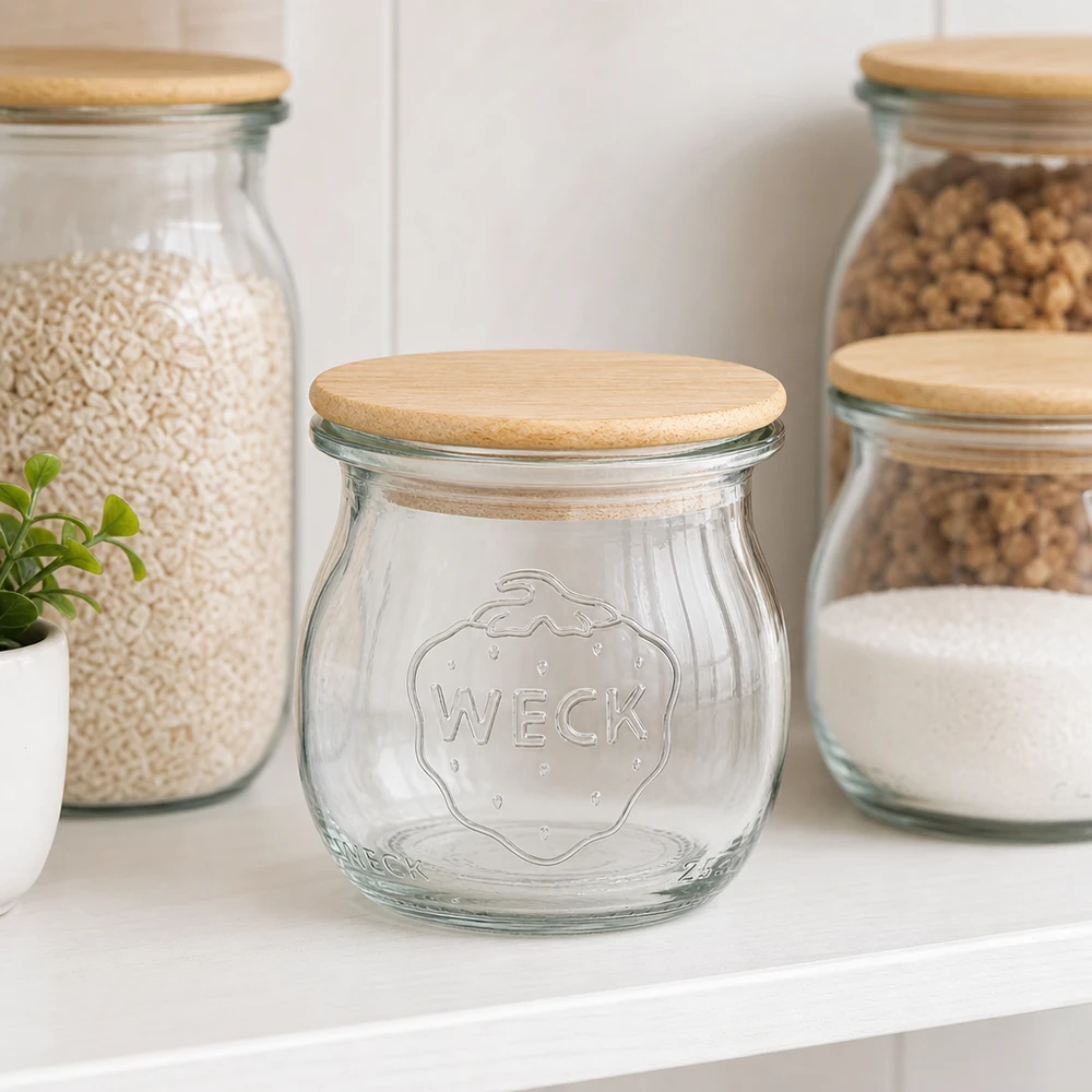 75ml Tulpenglas WECK RR40 mit Holzdeckel WECK Tulpenglas 75ml RR40 mit Bambusdeckel in stylischer Kücheneinrichtung neben gefüllten Vorratsgläsern