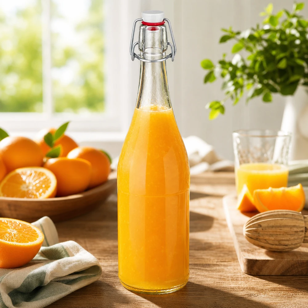 750ml Glasflasche und Bügelverschluss PVC UNiTWIST 750ml Glasflasche Bügelverschluss mit Orangensaft befüllt Küchenstilleben Zitrusfrüchte Frühstück sonnig natürlich