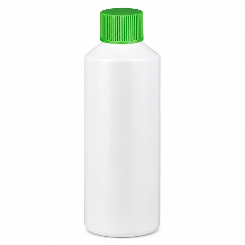Kleine weiße Kunststoffflasche 100ml mit grünem geripptem Verschluss für Flüssigkeiten