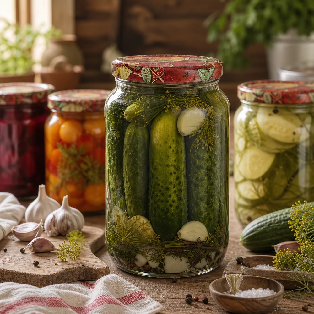 1062ml Rundglas + BasicSeal Deckel Obst-Dekor UNiTWIST 1062ml Rundglas mit Gewürzgurken gefüllt BasicSeal Deckel Obst-Dekor Einmachglas Konservierung Dill Knoblauch