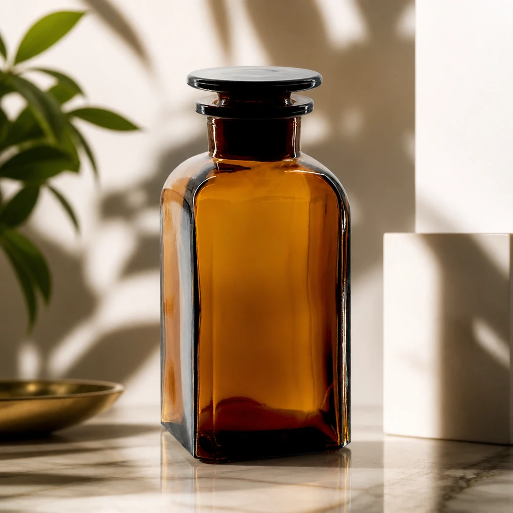 Vierkantflasche 350ml braun Weithals Glasstopfen Amberfarbene Apothekerflasche 350ml vierkant mit Glasstopfen vor hellem Hintergrund
