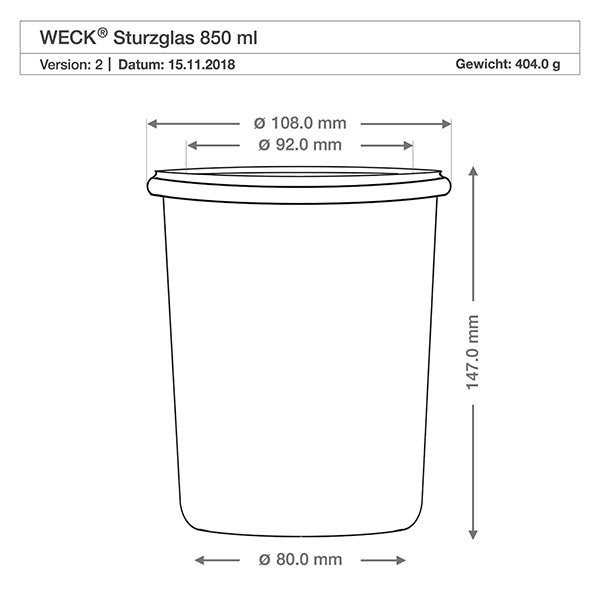 850ml Sturzglas mit Glasdeckel WECK RR100 WECK Sturzglas 850ml RR100 technische Zeichnung mit Maßangaben - Durchmesser 108mm Höhe 147mm für Küche und Vorrat