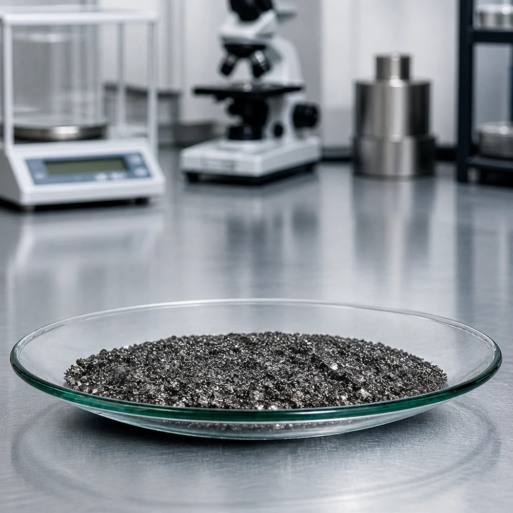 Uhrglasschale ø110 mm Präzisions-Uhrglasschale 110 mm mit schwarzem Granulat zur Materialanalyse im Forschungslabor