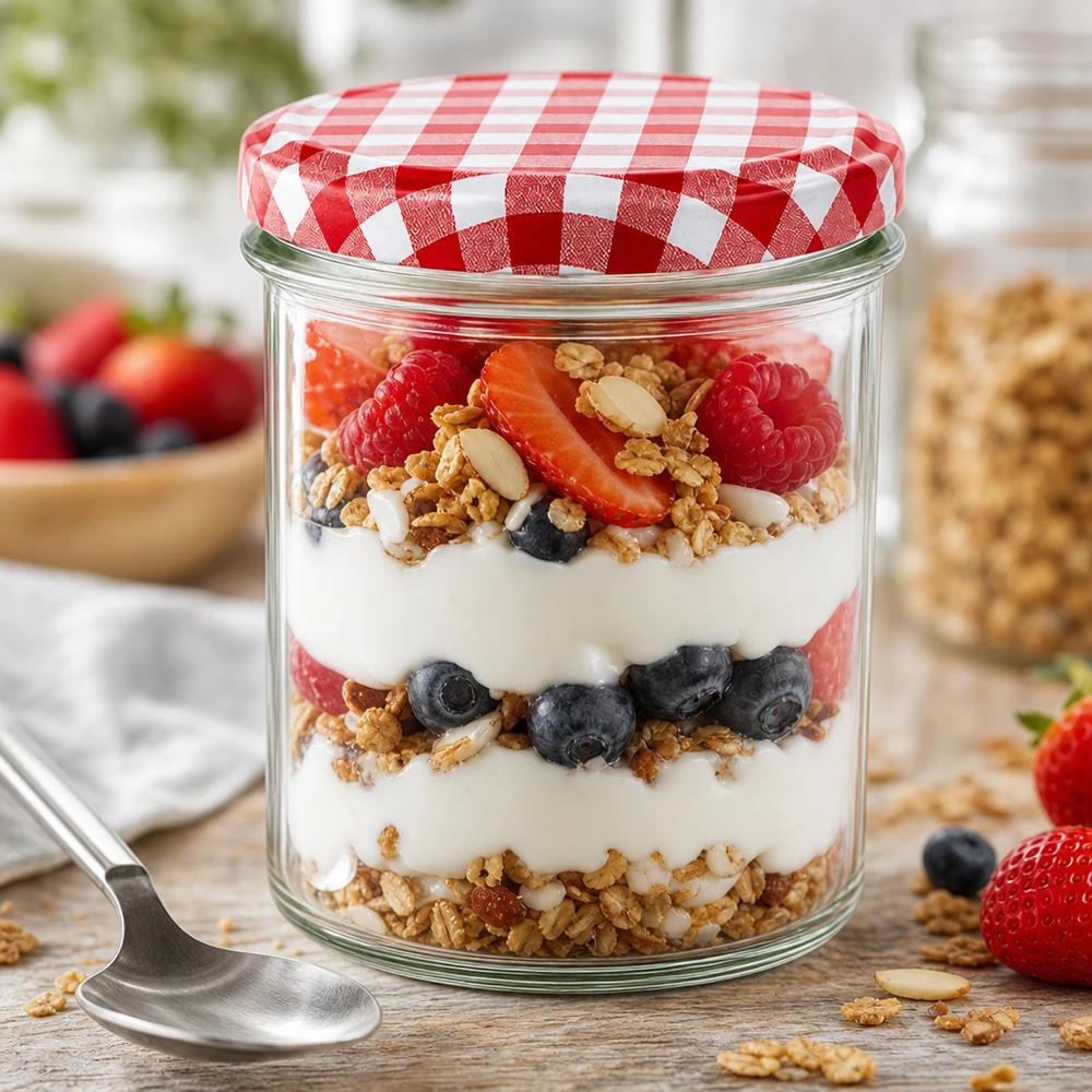 350ml Sturzglas + BasicSeal Deckel rot/weiß UNiTWIST 350ml Sturzglas als Dessertglas mit Joghurt-Beeren-Parfait, BasicSeal Deckel rot-weiß kariert für Meal Prep