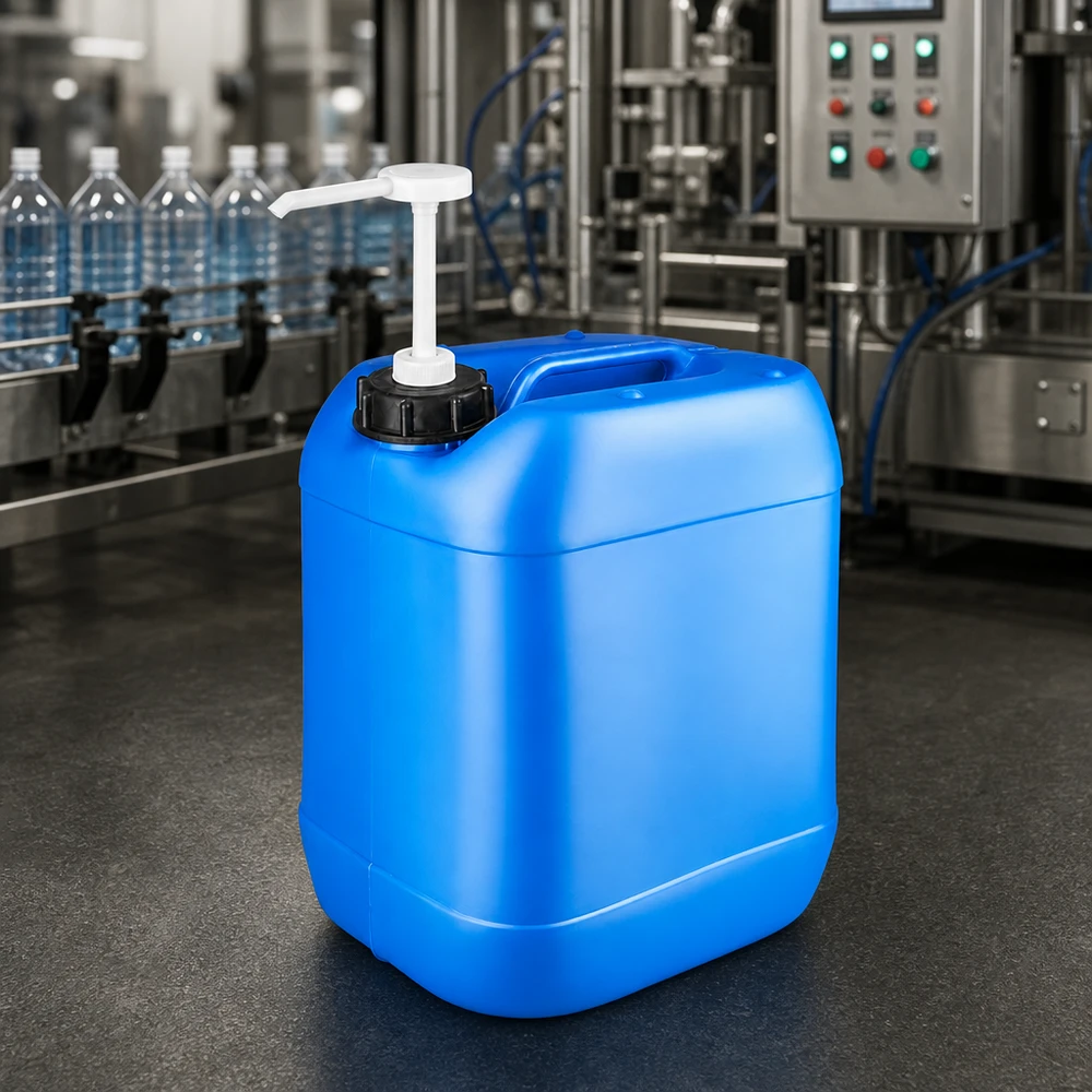 Kanister 20 Liter blau mit Dosierpumpe Tragbarer Flüssigkeitsbehälter 20 Liter blau mit Dosierpumpe in industrieller Umgebung