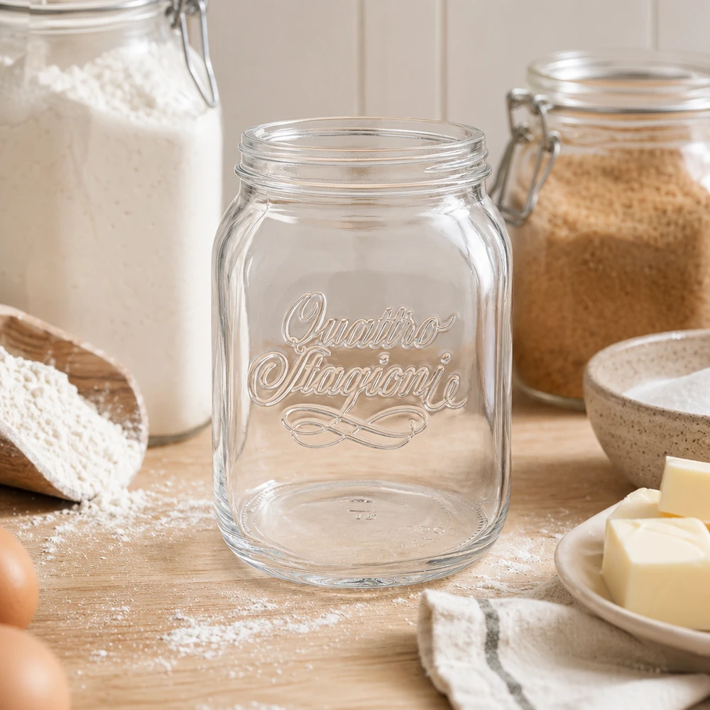 2000ml Quattro Stagioni Haushaltsglas mit Schriftzug in rustikaler Küche neben Mehl und Backzutaten für stylische Aufbew