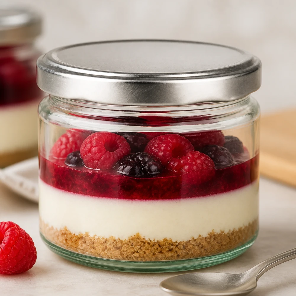 330ml Rundglas mit BasicSeal Deckel silber UNiTWIST 330ml Rundglas mit BasicSeal Deckel silber gefüllt mit Dessert Himbeeren Blaubeeren Cheesecake im Glas