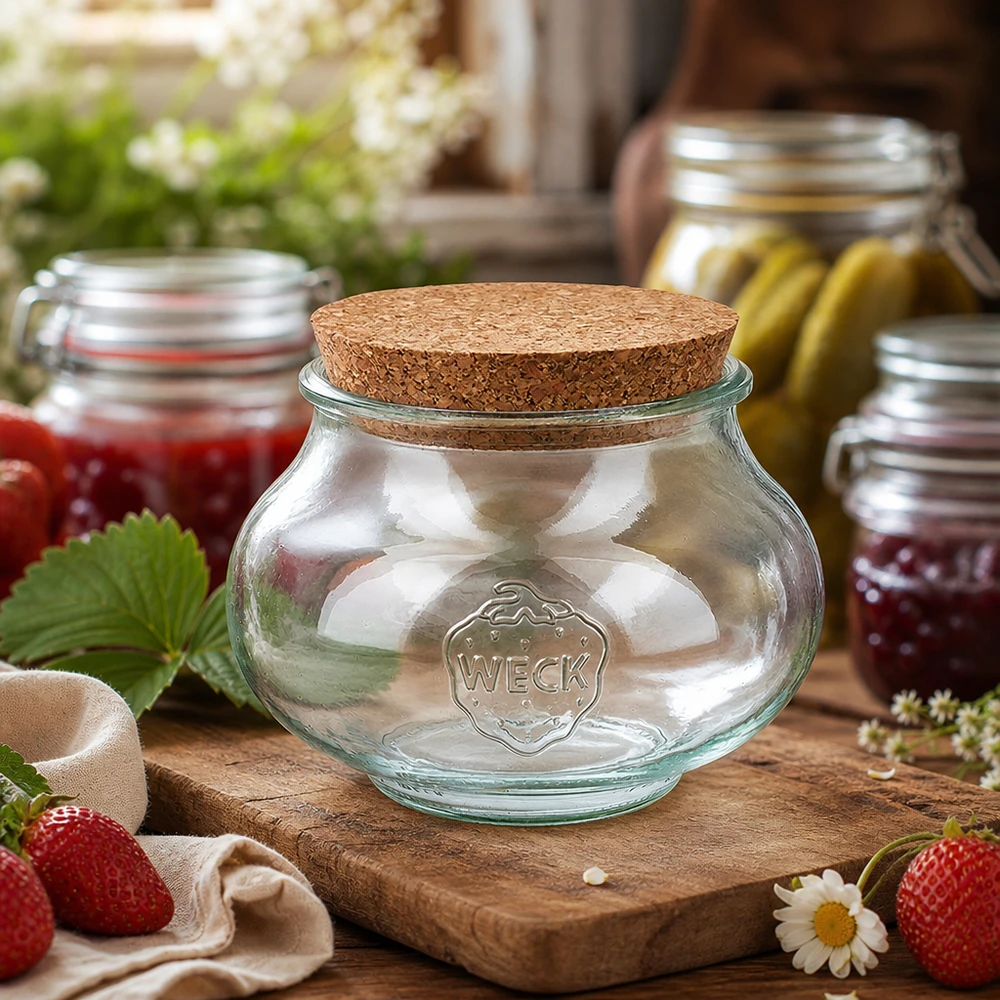 WECK Einmachglas 1062ml auf Holzbrett dekoriert mit Erdbeeren und Marmeladengläsern rustikale Küchendeko