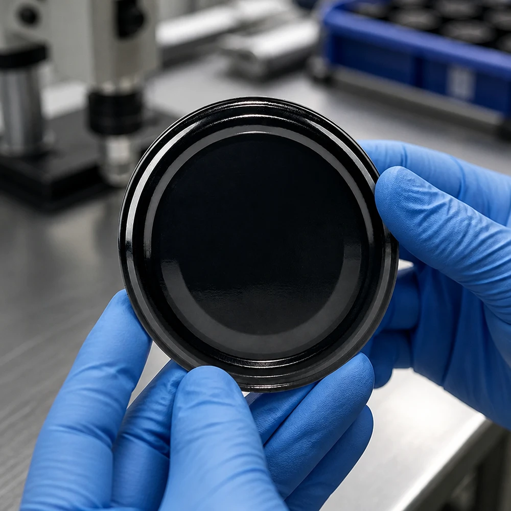 TO82 Einmachdeckel schwarz UNiTWIST BioSeal glänzende Oberfläche Innenansicht Dichtung sichtbar