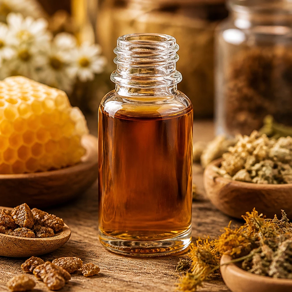 Kleine Glasflasche mit bernsteinfarbenem Extrakt neben Propolis Kamille und Trockenblüten