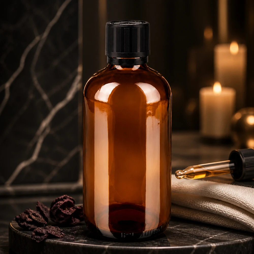 Apotheken Tropfflasche 100ml aus Bernsteinglas mit 1mm Präzisionstropfer auf dunklem Marmor