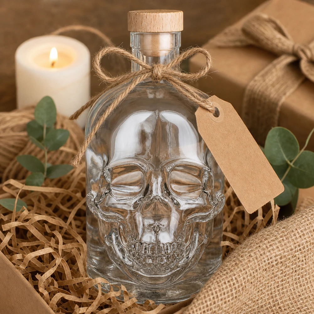 Totenkopf Glasflasche Jack 500ml als Geschenk verpackt mit Korken, Jutesack, Kerze und Eukalyptus Deko