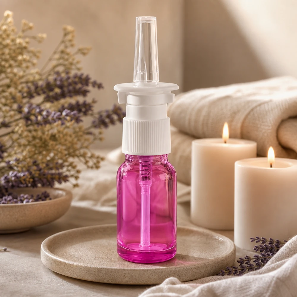 10ml Nasensprayflasche weiß/transparent Standard PurpleLine. UT18/10 10ml Sprayflasche in Purple Light mit transparentem Finish für Nasaltherapie und Pflege