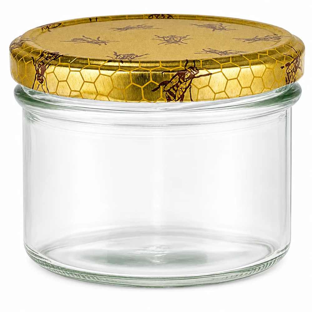 225ml Sturzglas + BasicSeal Deckel Bienenwabe UNiTWIST 225ml Sturzglas mit goldenem Bienenwaben-Deckel für Honig Marmelade Einmachglas leer Twist-Off Verschluss
