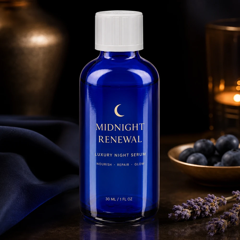 Apothekenflasche blau 50ml Tropfverschluss weiß Kindersicherung Standard Blaue Apothekerflasche mit KiSi-Deckel neben Lavendel und dunklen Beeren auf goldenem Tablett