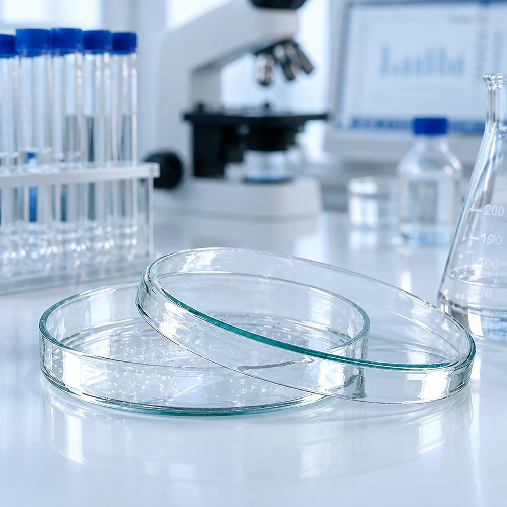 Leere Glaspetrischale 100mm Durchmesser sterilisierbar für mikrobiologische Experimente
