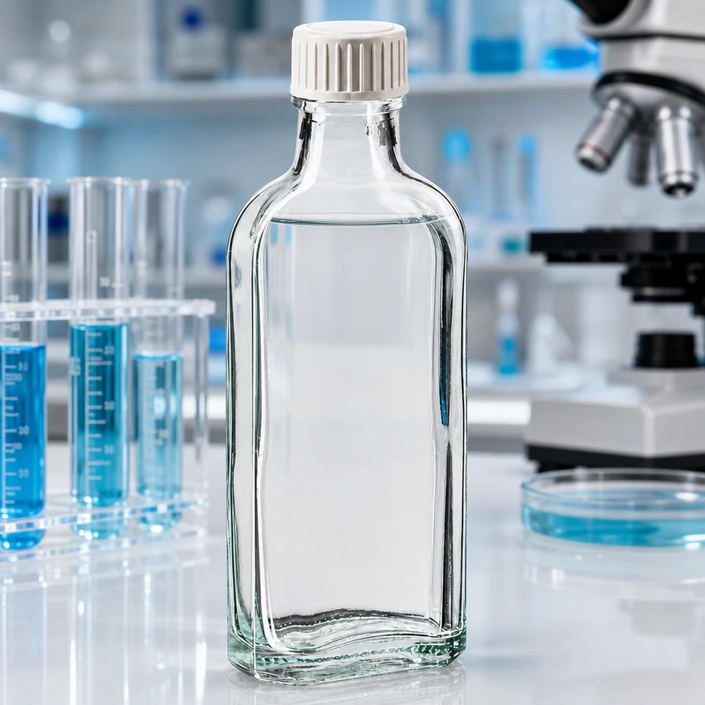 Meplat Flasche 100ml klar im Laborumfeld mit Mikroskop und Reagenzgläsern