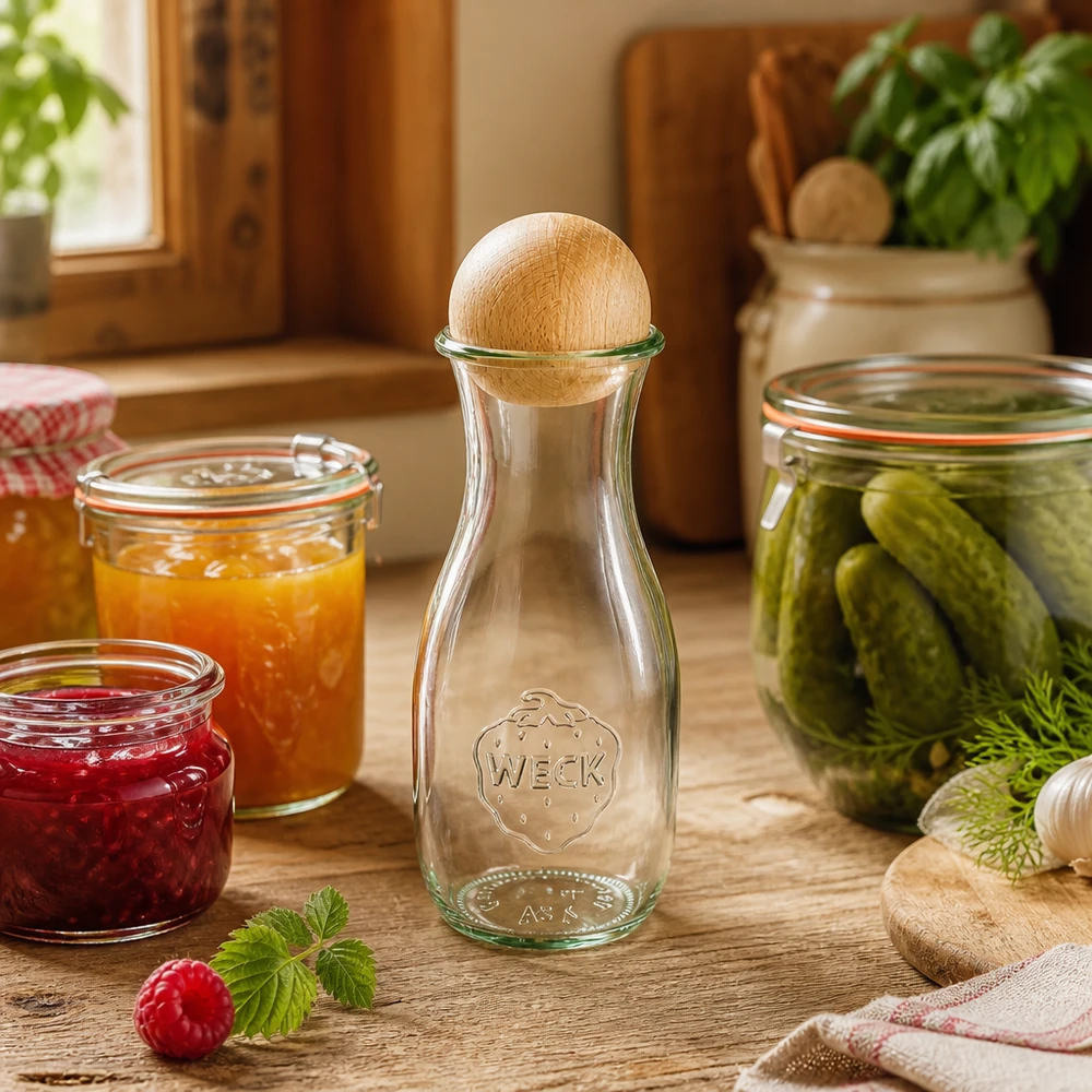 WECK Saftflasche 530ml mit Holzverschluss in rustikaler Küche neben Einmachgläsern mit Marmelade und Gurken